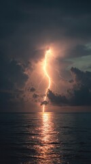 Obraz premium A glowing yellow lightning bolt striking the ocean surface, with bright reflections rippling across the dark stormy sea under heavy clouds