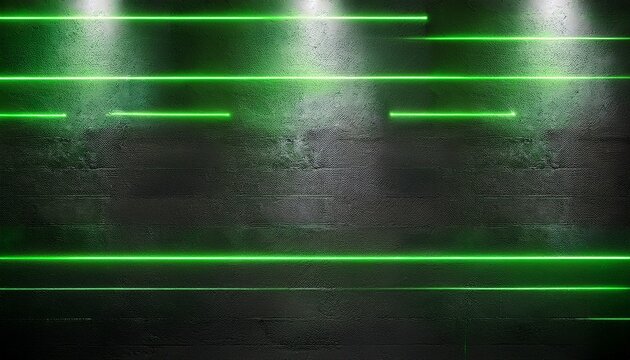 concrete wall with green neon light line on dark grey background with white lights from above