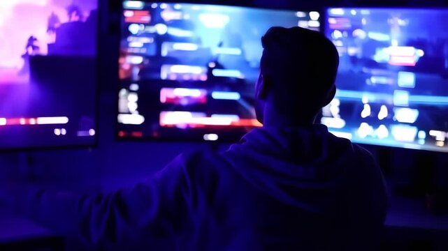 Person engrossed in a multi-monitor gaming session