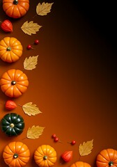 Autumn arrangement featuring pumpkins, leaves, and berries on a gradient brown background, creating a seasonal border.
