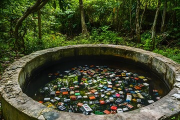 An abandoned well overflowing with used batteries and other hazardous waste contaminating the surrounding area