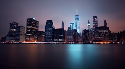 Obraz premium A stunning city skyline illuminated at night, showcasing towering skyscrapers reflecting off the calm water, Ideal for urban-themed projects, travel promotions, or real estate marketing,