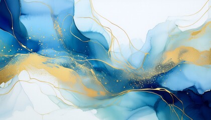 Fototapeta premium abstract watercolor or alcohol ink art blue white background with golden crackers pastel blue marble drawing effect