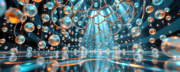 A hyper detailed rendering of a futuristic lattice of suspended crystalline spheres, glowing faintly with cyan and amber tones, naturally reflecting across polished metallic flooring