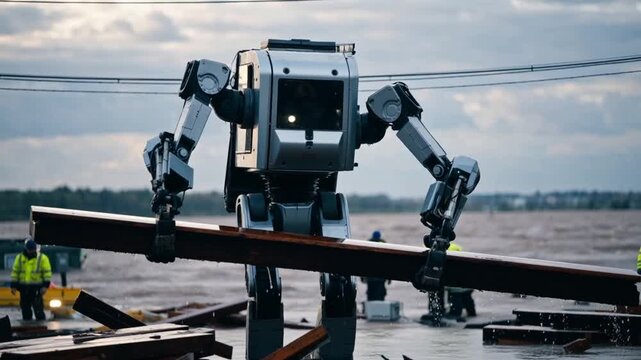 Industrial robot assembling steel beams at waterfront construction site with safety workers in high visibility vests
