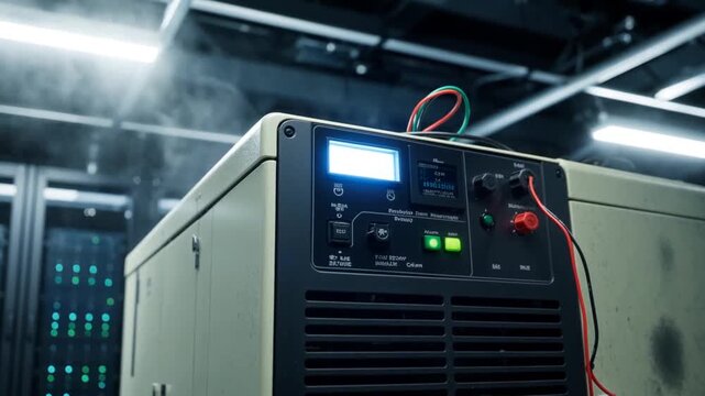 Industrial UPS uninterruptible power supply unit operating in modern data center server room with blue LED status lights