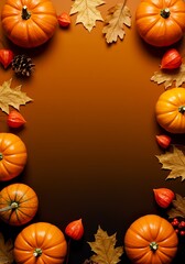 Autumnal arrangement featuring pumpkins, leaves, physalis lanterns, and a pine cone, arranged on a brown background.