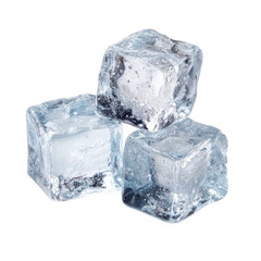 Three translucent ice cubes arranged together, showcasing their clarity and texture, perfect for chilling beverages
