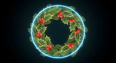A contemporary digital illustration of a traditional Christmas wreath featuring fir branches and holly, encircled by a vibrant blue neon glow
