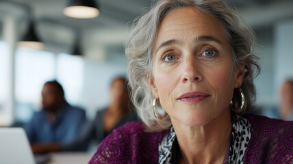 Middle-aged woman examining a digital questionnaire interface on her laptop in an open-plan office. Survey research answer checklist