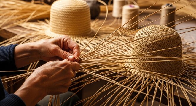 Hands Weaving a Straw Hat: Craftsmanship and Tradition