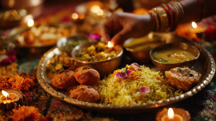 Partial Hands Offering Flowers onto Bhog Plate