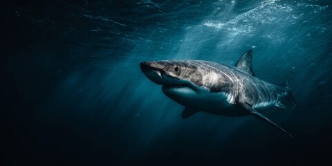 Fototapeta premium Great white shark swimming in dark blue ocean water