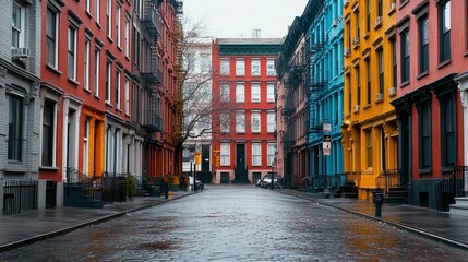 A vibrant urban street scene showcases charming, colorful buildings lining a cobblestone road, creating an inviting atmosphere ideal for travel blogs, real estate promotions, or city guides,