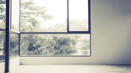 Minimalist empty room featuring a large window, filled with soft ambient daylight for a modern interior feel.