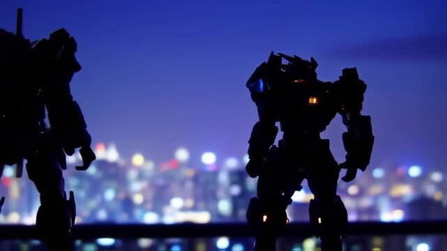 Silhouette of a mecha figure against a city skyline at night