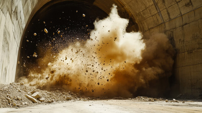 Explosion occurs during construction of a tunnel with debris and dust flying in all directions in a mountainous area - Powered by Adobe
