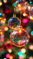 Fototapeta premium Beautifully illuminated glass ornaments hanging in a festive setting with colorful bokeh lights at night