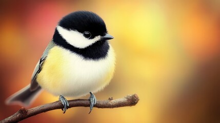 Fototapeta premium A vibrant close-up of a small bird perched on a branch, showcasing its striking black and yellow feathers against a softly blurred background