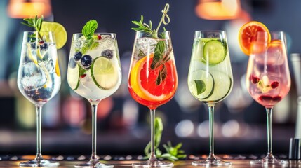 Classic Cocktails at the Bar: Fresh Citrus Slices, Ice & Vodka/Gin, Set Against a Blurry Colorful Summer Party Background