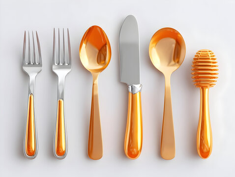 Elegant silver and gold utensils lying symmetrically on pristine white surface, showcasing refined dining accessories with metallic gleaming highlights