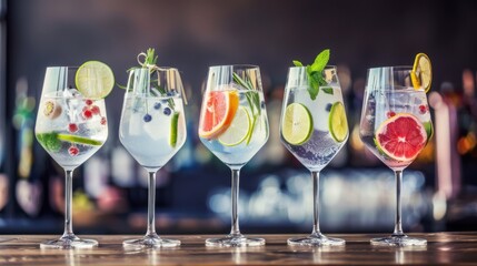 Classic Cocktails at the Bar: Fresh Citrus Slices, Ice & Vodka/Gin, Set Against a Blurry Colorful Summer Party Background