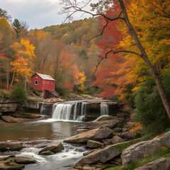 A peaceful autumn landscape featuring a cascading waterfall surrounded by golden, orange, and red foliage. A rustic red mill stands by the river, nestled in the colorful forest. Scenic beauty of fall 