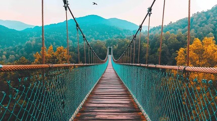 A scenic suspension bridge stretches across a lush valley, framed by vibrant autumn foliage and distant mountains, This image can be used for travel blogs, nature websites