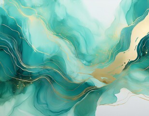 Fototapeta premium a mesmerizing abstract artwork featuring a background of pastel cyan mint liquid marble watercolor with gold lines and brush stains generative ai