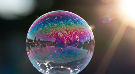 Iridescent Soap Bubble with Colorful Swirls Floating in Golden Sunlight