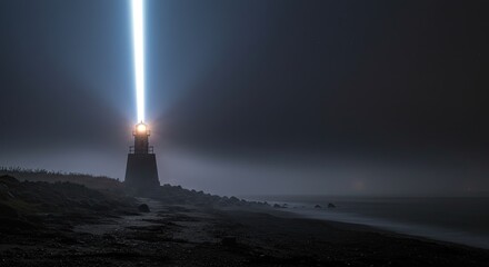 Lighthouse Beam Cutting Through Night Fog on Black Sandy Beach