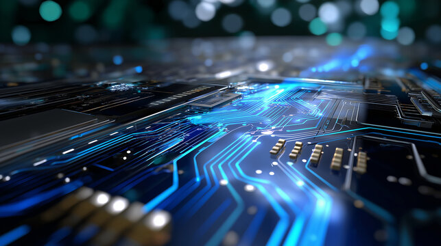 Electronic board in perspective, glowing blue circuits extending into distance, clean side margin.