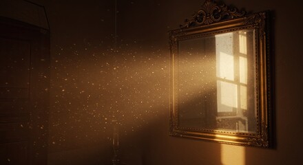 Ornate Gold Mirror Reflecting Sunlight in Darkened Interior