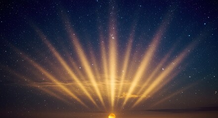 Radiant Light Rays Emerging From Horizon in Starry Night Sky