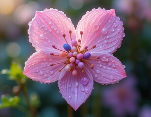 Delicate pink flower with water droplets glistening in soft morning light