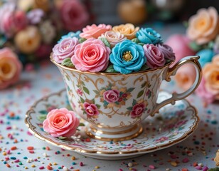 Delicate teacup filled with colorful floral frosting, a sweet and elegant treat for any occasion.