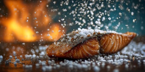 Obraz premium Grilled salmon with falling salt crystals in front of fire background