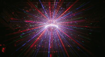 Sparkling Disco Ball with Vibrant Red Blue Light Rays