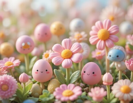 Whimsical pastel garden with cute smiling characters and blooming flowers