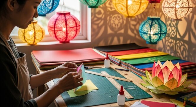 Asian woman crafting paper lanterns at home