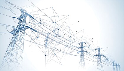 A network of power lines and transmission towers, rendered in a stylized, interconnected graphic design.