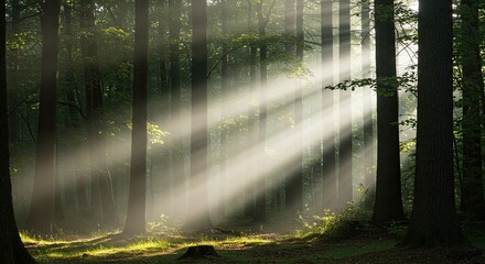 Sunlight Streaming Through Green Forest Trees in Morning Light