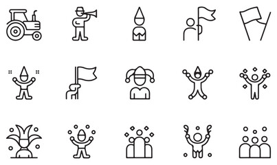 Obraz premium Collection of parade celebration icons, vector outline style with crowd, tractor, confetti, dancing people, and festival holiday symbols