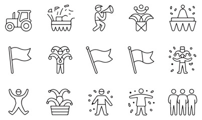 Parade and festival icons, outline vector illustrations of floats, flags, cheering people, confetti, and celebration event graphics