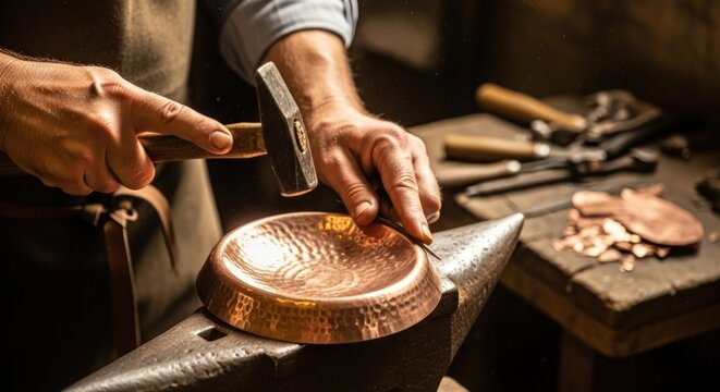 Craftsman Shaping Copper Bowl on Anvil with Hammer in Workshop - Powered by Adobe