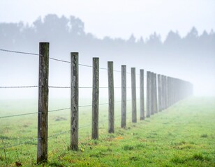 Obraz premium Foggy Field with Fence Posts