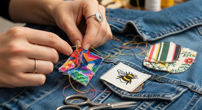 Woman hand sewing colorful patch onto denim jacket, DIY fashion and upcycling concept