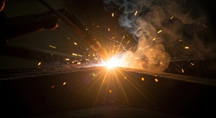 Welding Sparks and Smoke, Industrial Metalwork in Dark Setting