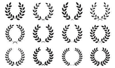 Outline and silhouette laurel wreath icons, honor and award symbols, recognition emblems, classical leaves of triumph, vector achievement set