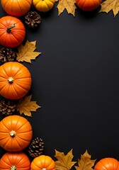 Autumnal pumpkins, pinecones, and leaves arranged in a border against a dark background.